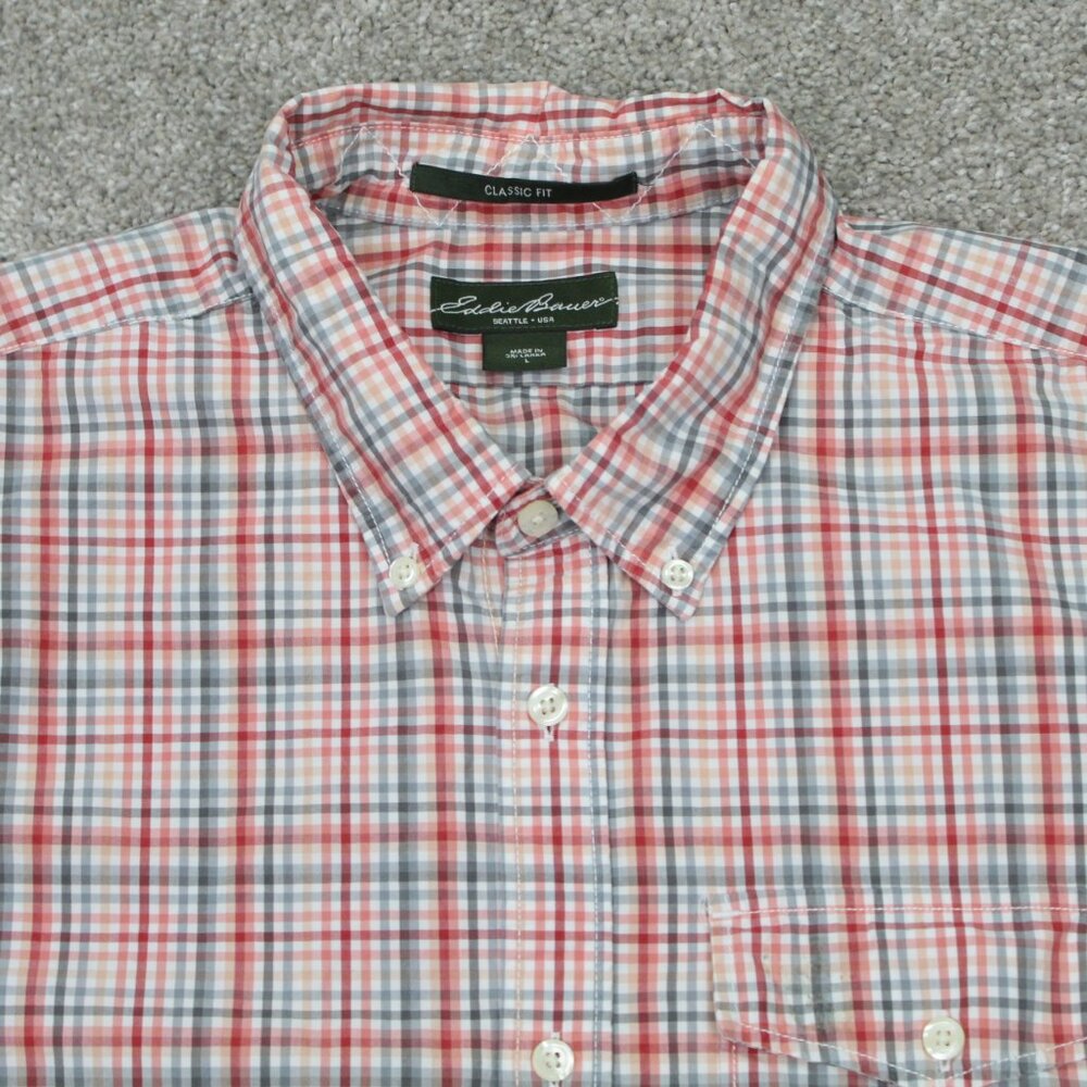 Eddie Bauer Shirt Mens Large Red/White/Gray Plaid Classic Fit 100% Cotton S/S - Picture 7 of 12